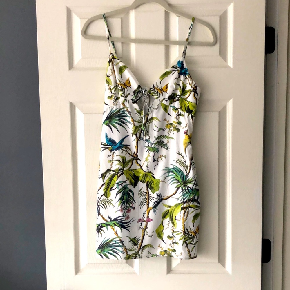 Tropical print satin mini dress